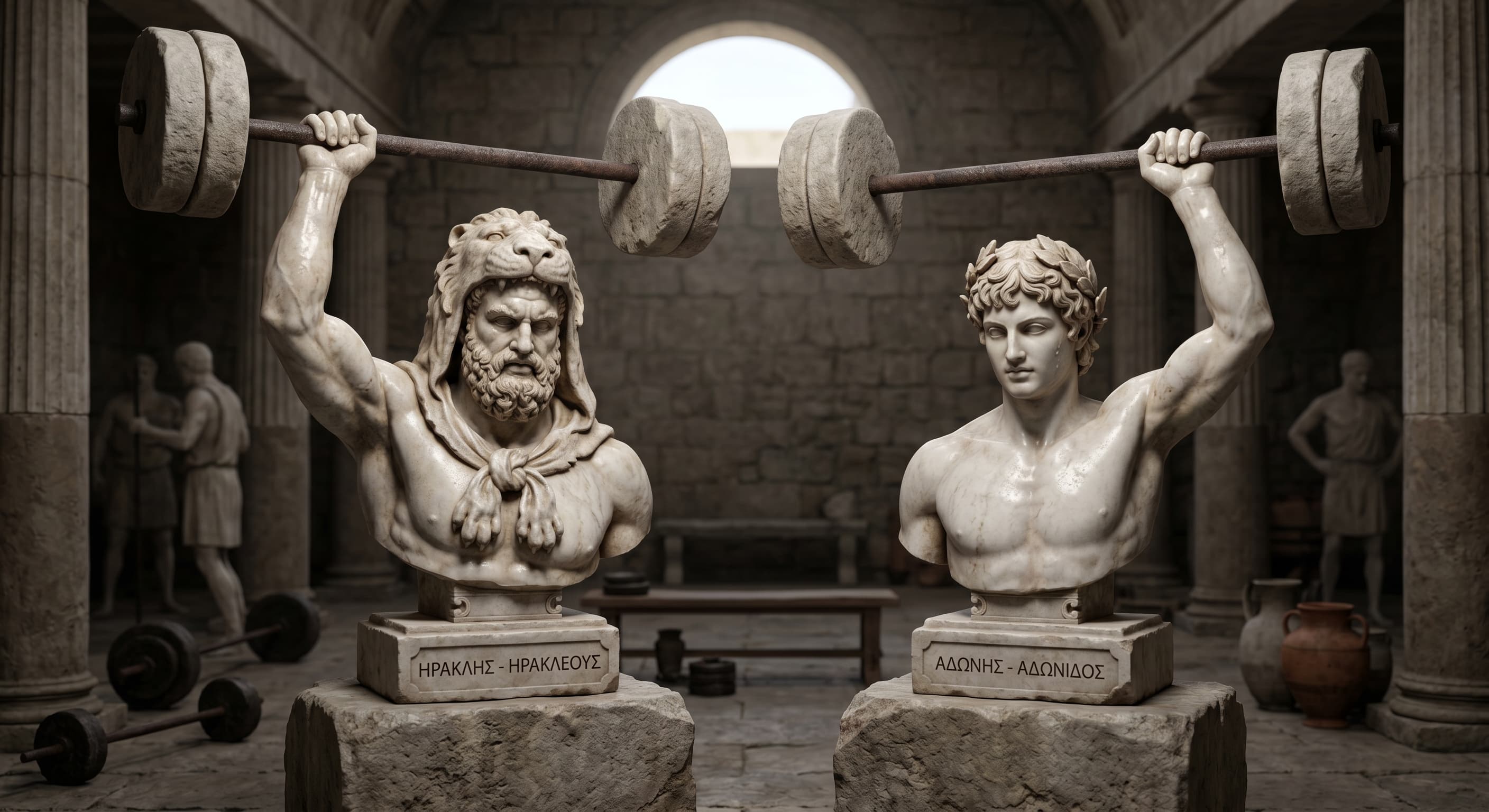 Marble busts of Herakles and Adonis pressing a stone barbell overhead in an ancient Greek gymnasium
